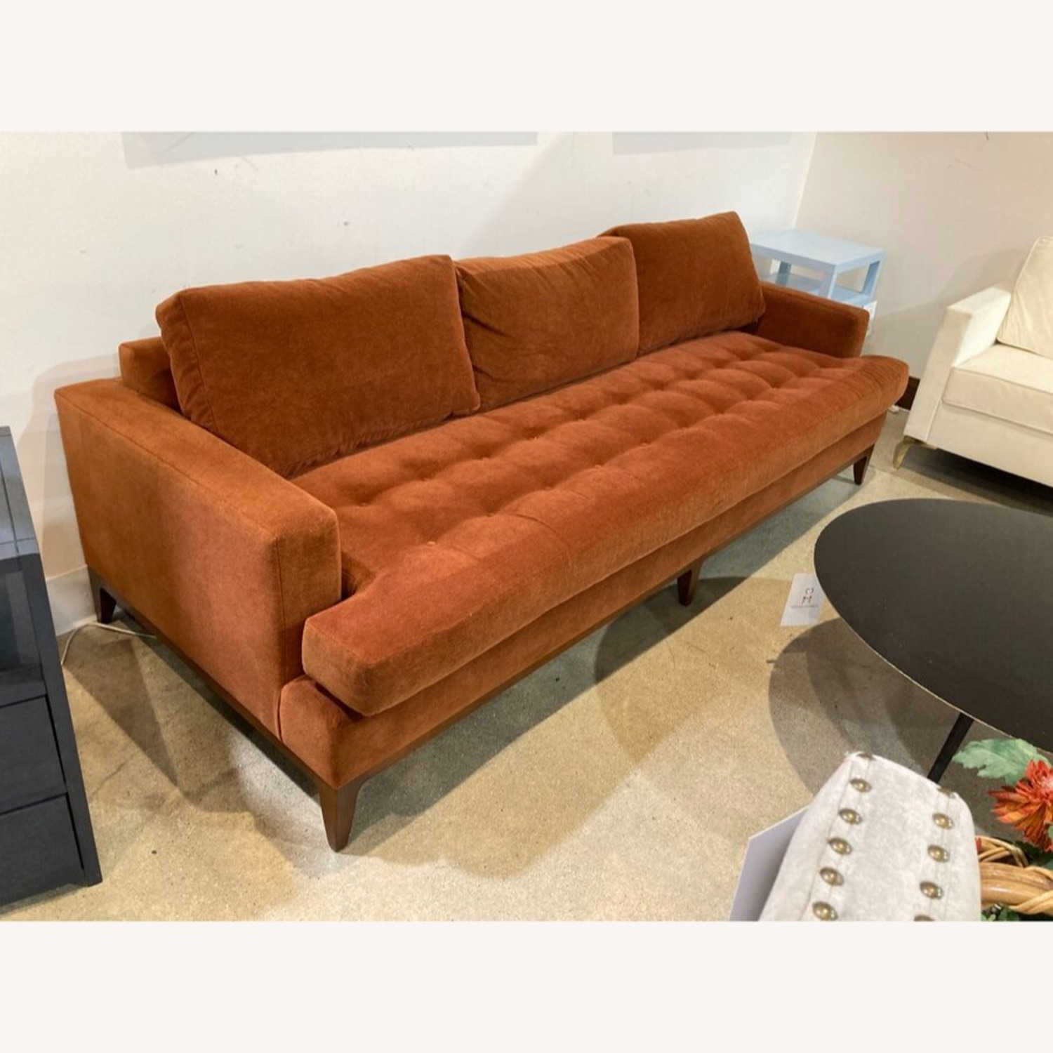 MCM Button Tufted Mohair Sofa Burnt Orange - image-1