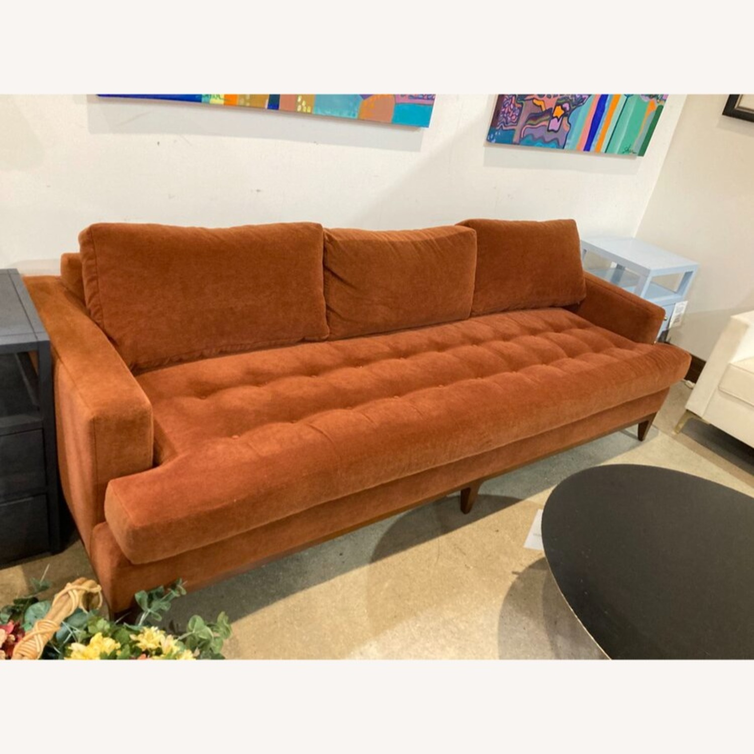 MCM Button Tufted Mohair Sofa Burnt Orange - image-2