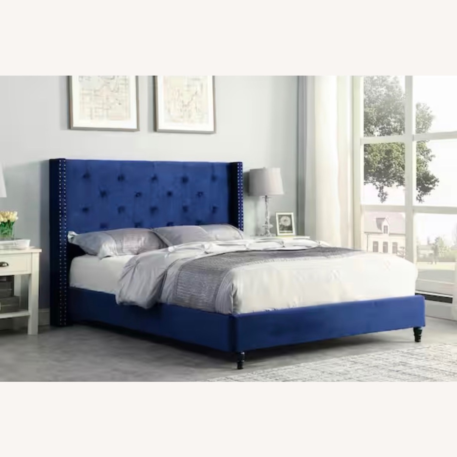CalKing Blue Velvet Tufted Lo Profile Bed - image-2