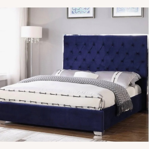 Used CalKing Blue Velvet Tufted Lo Profile Bed for sale on AptDeco