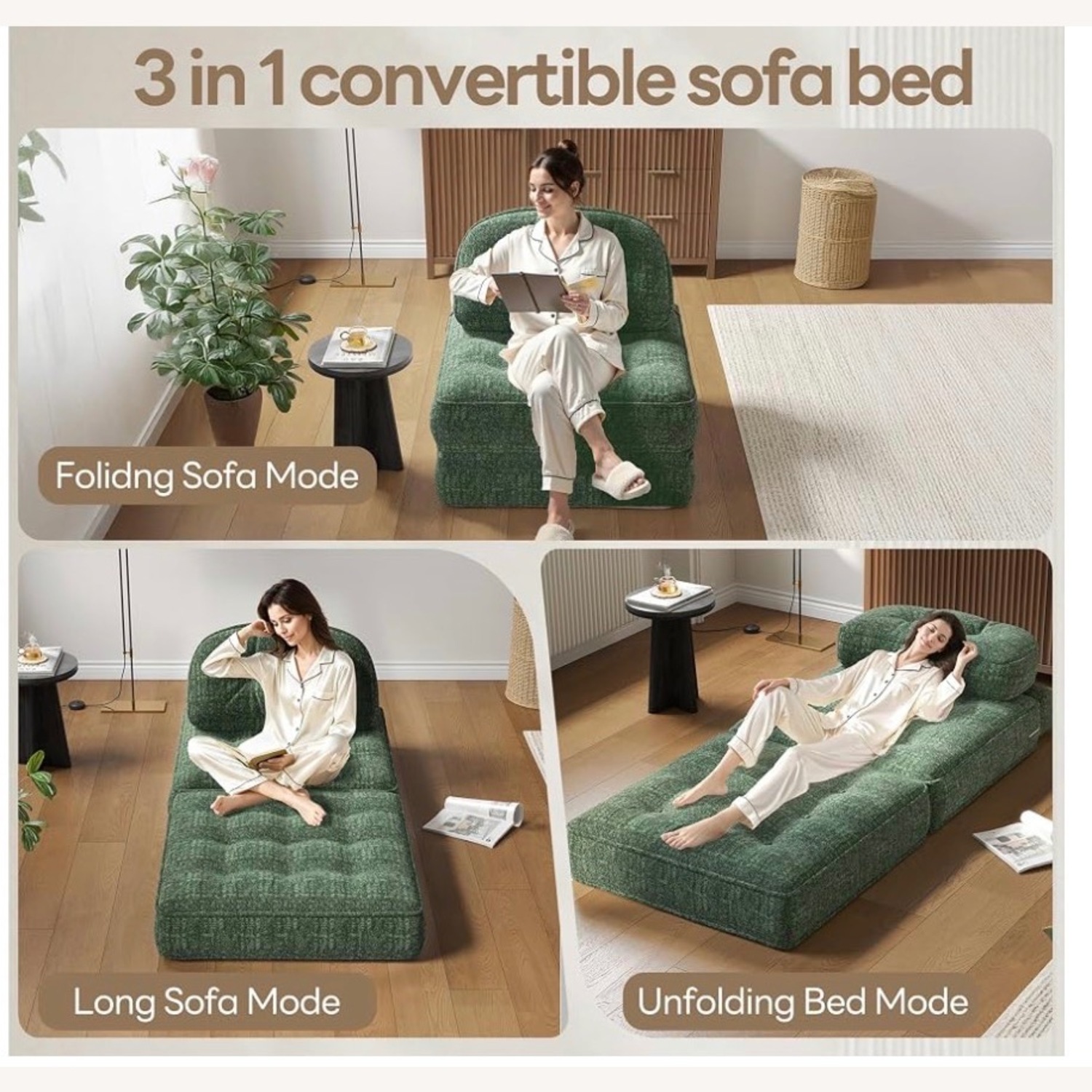 Green Velvet Memory Foam Convertible Sleeper Chair - image-2