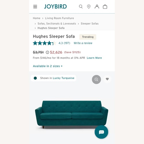 Used Joybird Hughes Turquoise Fabric Queen Sleeper Sofa for sale on AptDeco