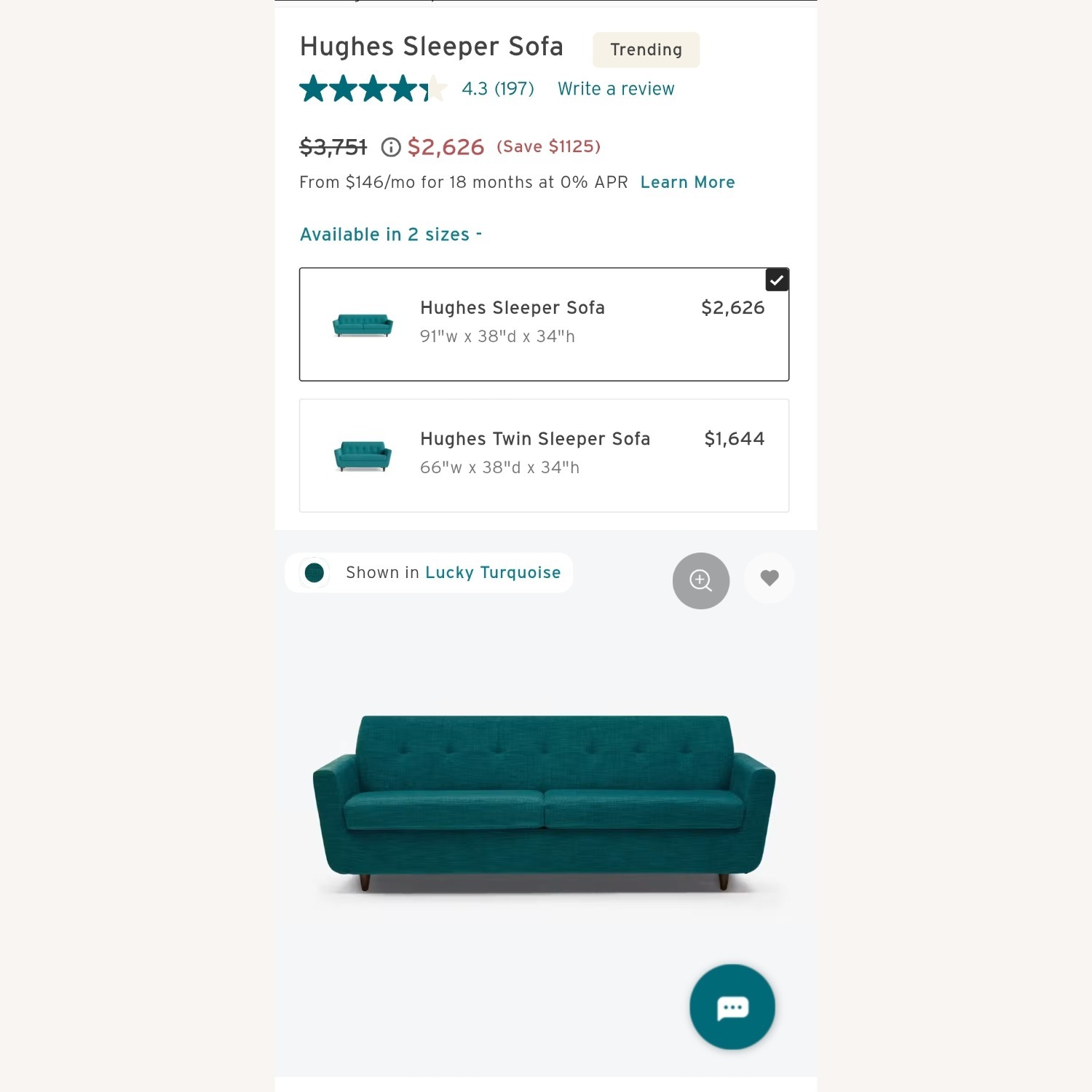 Joybird Hughes Turquoise Fabric Queen Sleeper Sofa - image-2
