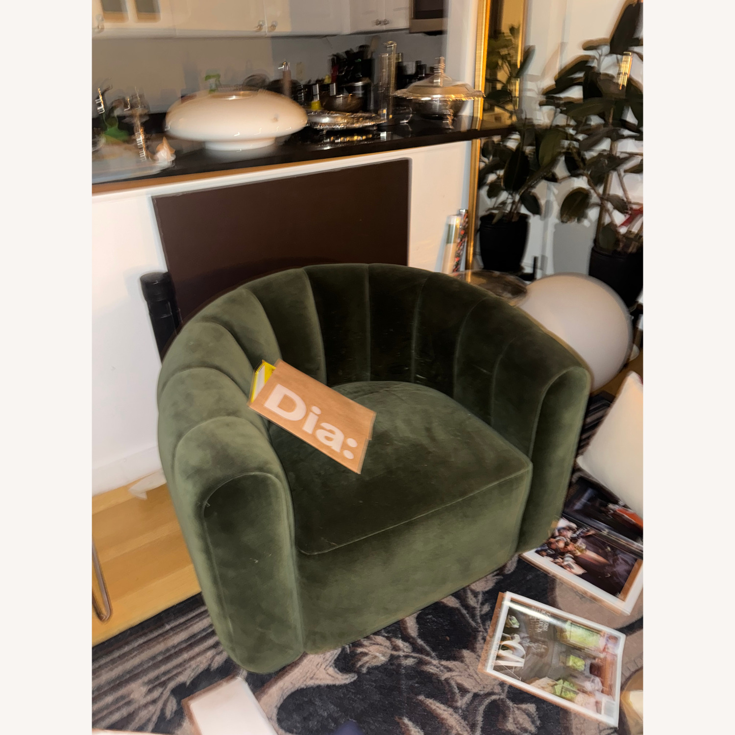 CB2 Fitz Channeled Green Velvet Swivel Chair - image-3