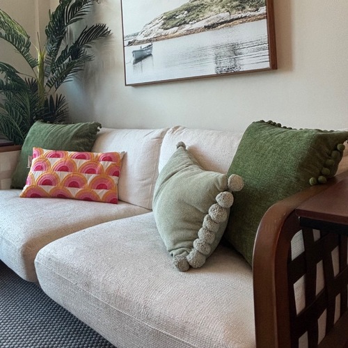 Used MCM Wood Frame White Linen Sofa for sale on AptDeco