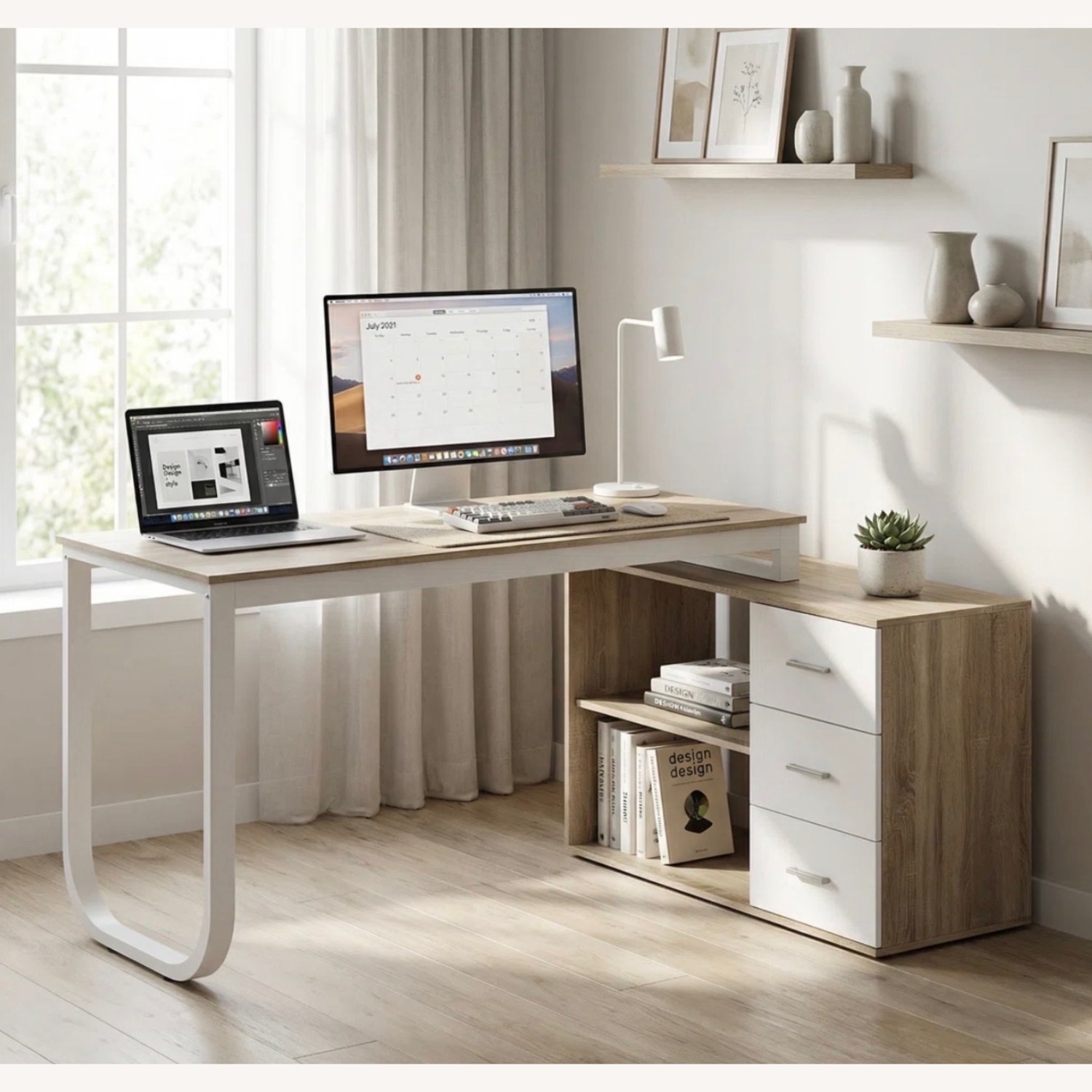 Home Depot Light Brown Wood Desk L-Shaped - image-1