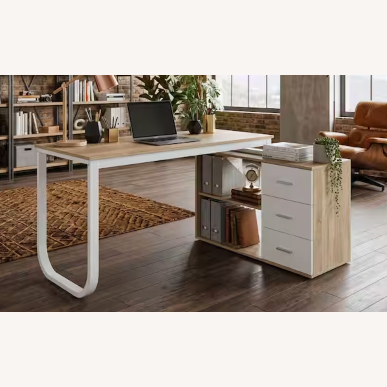 Home Depot Light Brown Wood Desk L-Shaped - image-3