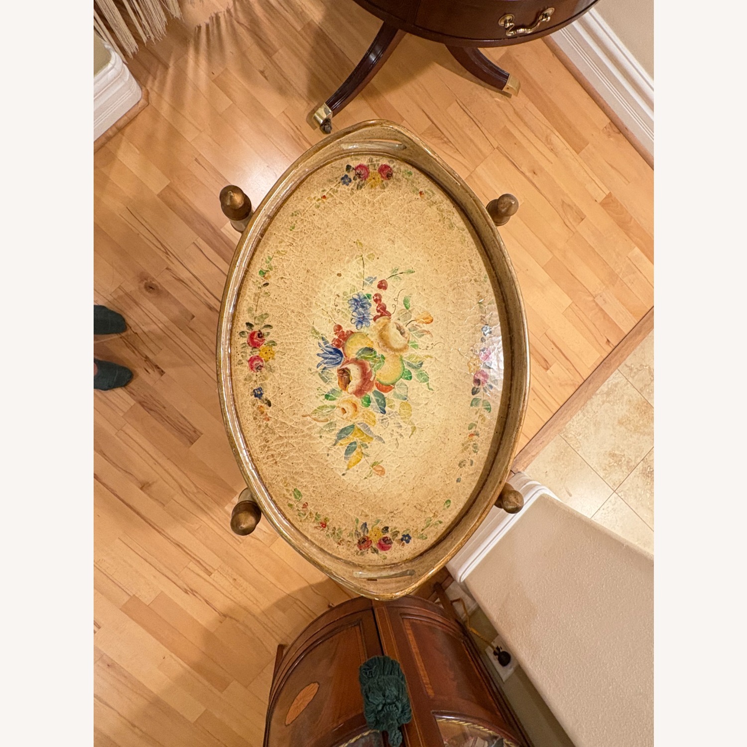 Italian 2-Tier Painted Floral Serving Trays+Table - image-2