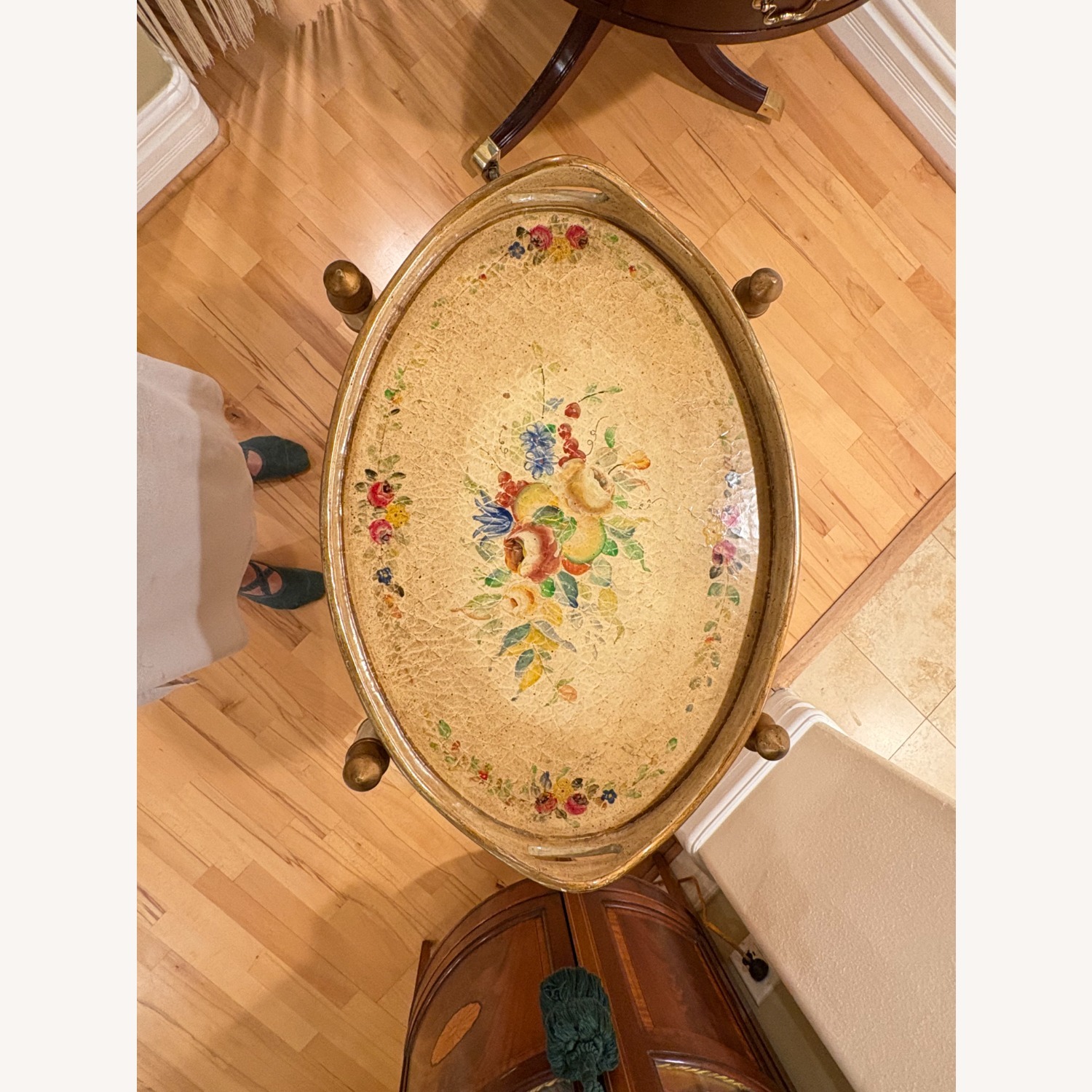 Italian 2-Tier Painted Floral Serving Trays+Table - image-1