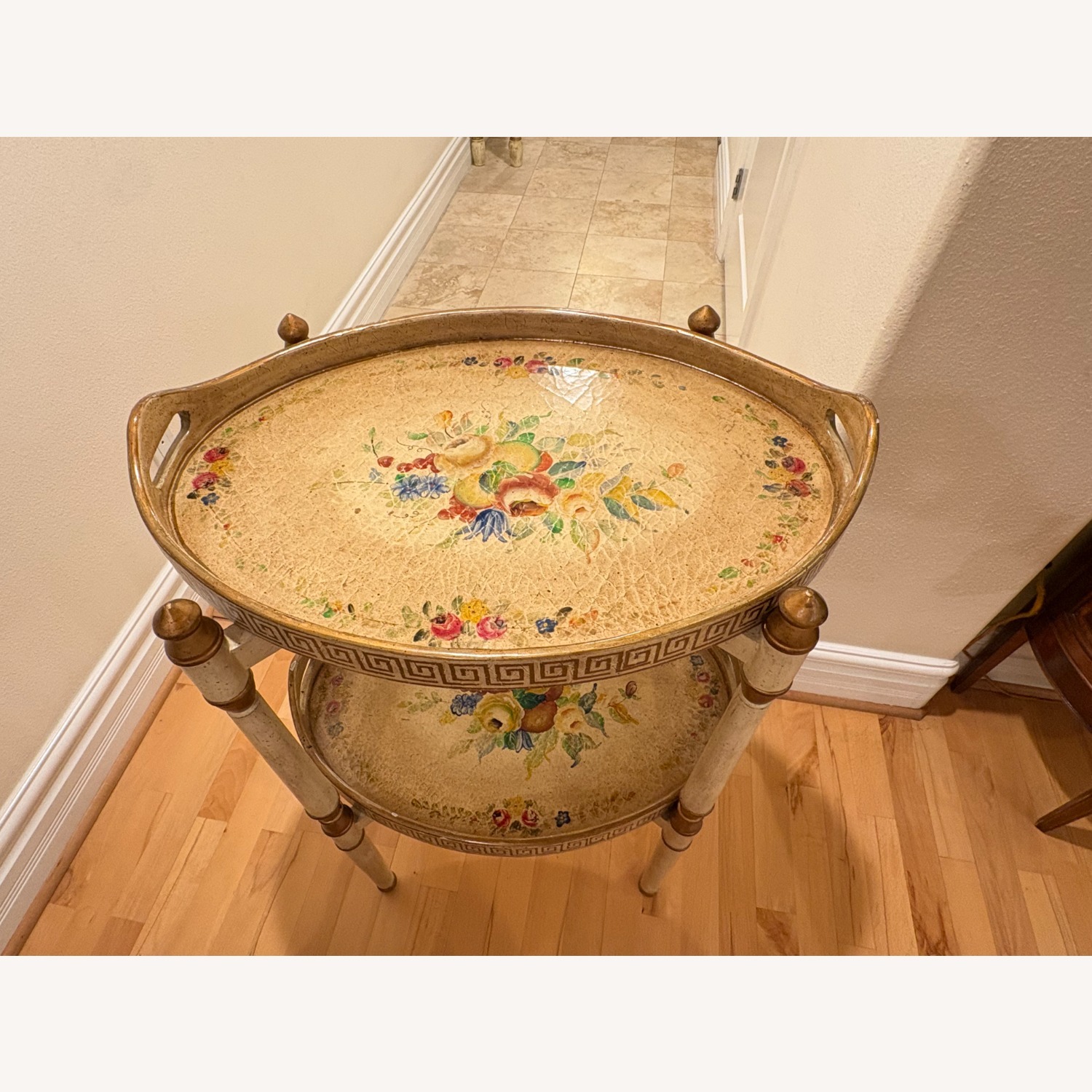 Italian 2-Tier Painted Floral Serving Trays+Table - image-3