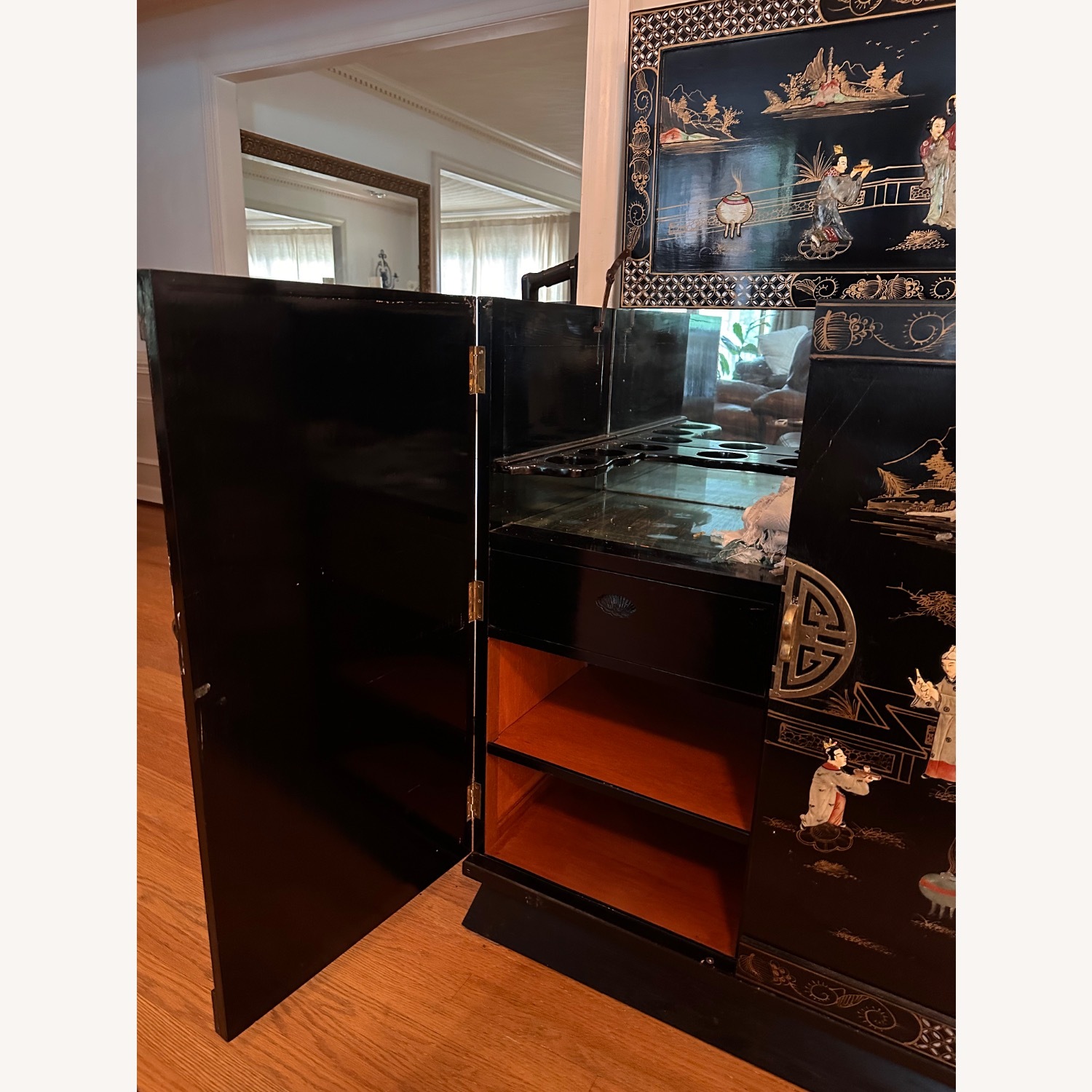 Black Lacquer Mother of Pearl Oriental Bar Cabinet - image-2