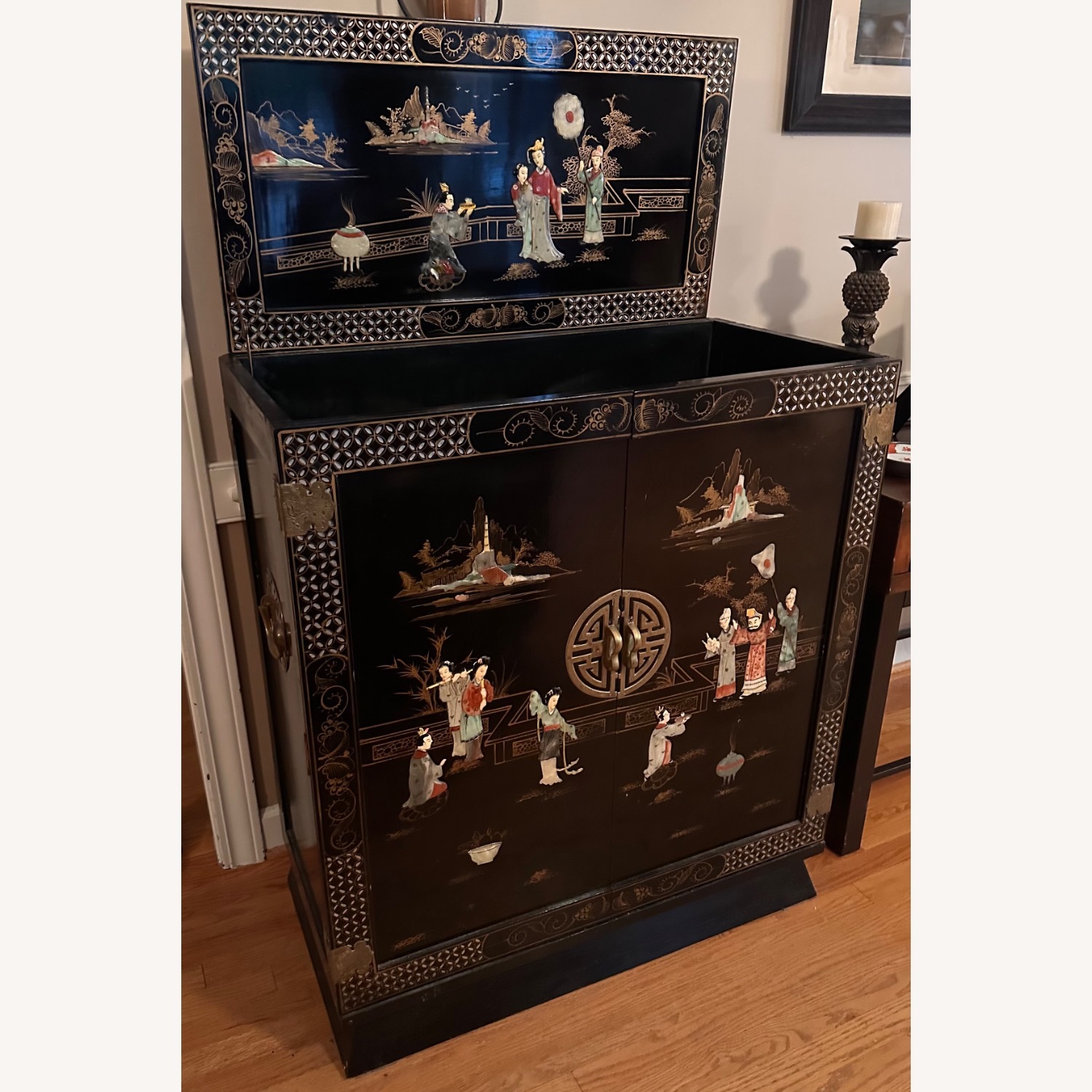 Black Lacquer Mother of Pearl Oriental Bar Cabinet - image-1