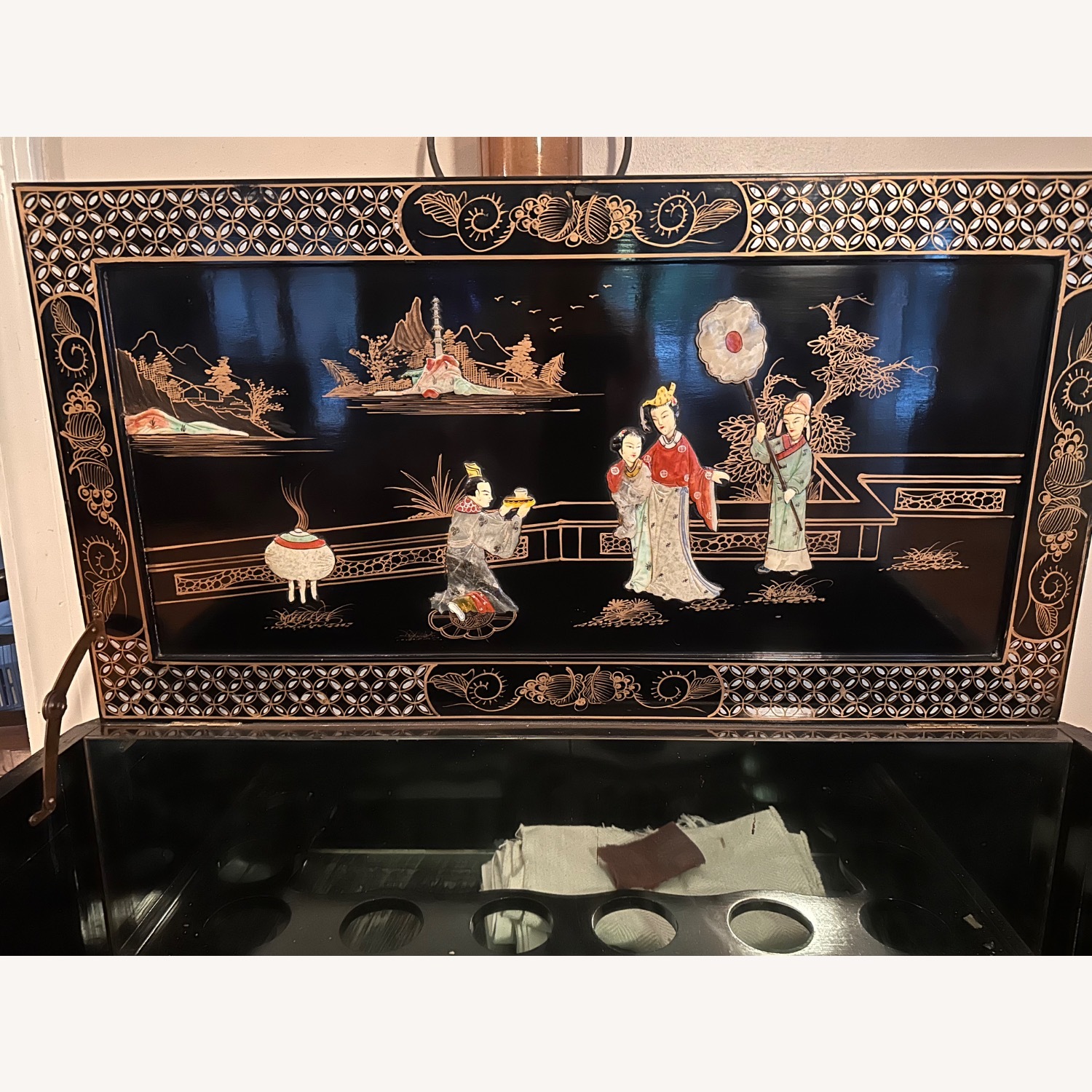 Black Lacquer Mother of Pearl Oriental Bar Cabinet - image-4