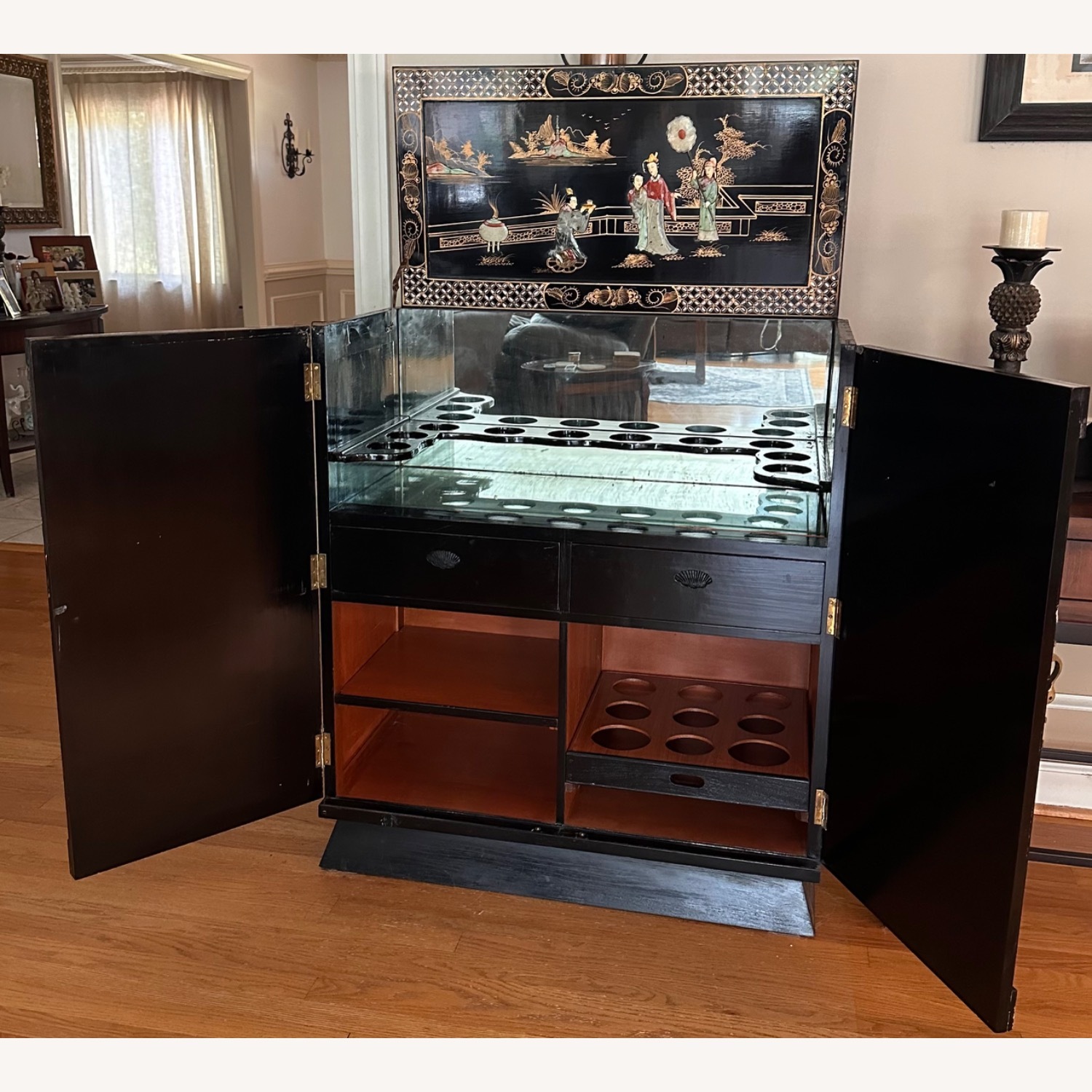 Black Lacquer Mother of Pearl Oriental Bar Cabinet - image-5