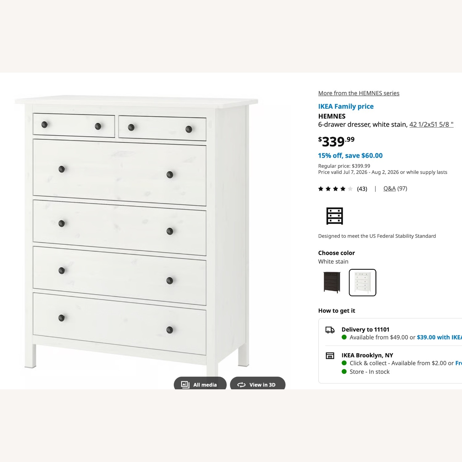 IKEA HEMNES 6 Drawer Dresser, White Stain - image-1