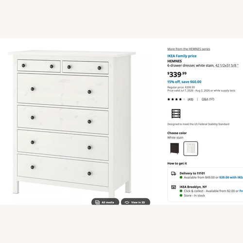 Used IKEA HEMNES 6 Drawer Dresser, White Stain for sale on AptDeco