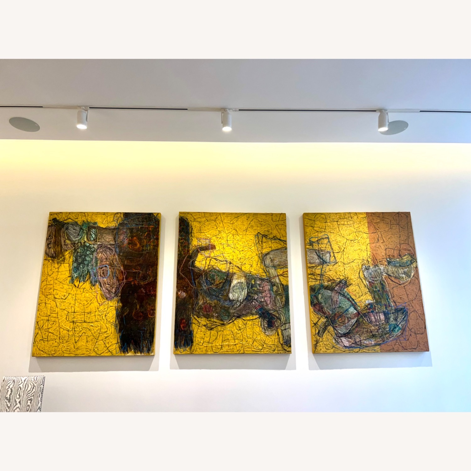 Yellow/Orange Textured Triptych Art - image-1