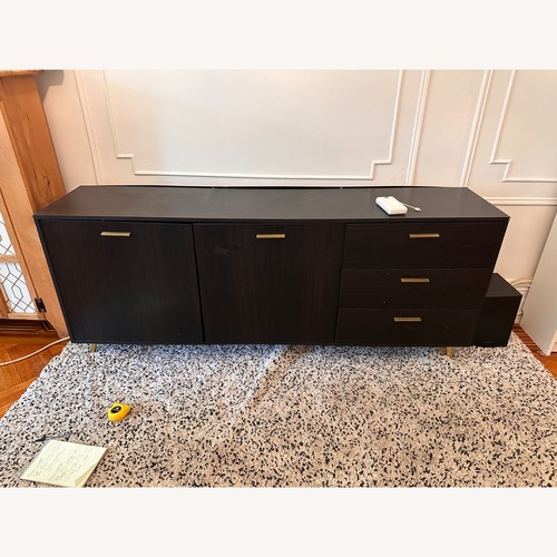 Used Black Media Stand with 2 Cabinets + 3 Drawers for sale on AptDeco