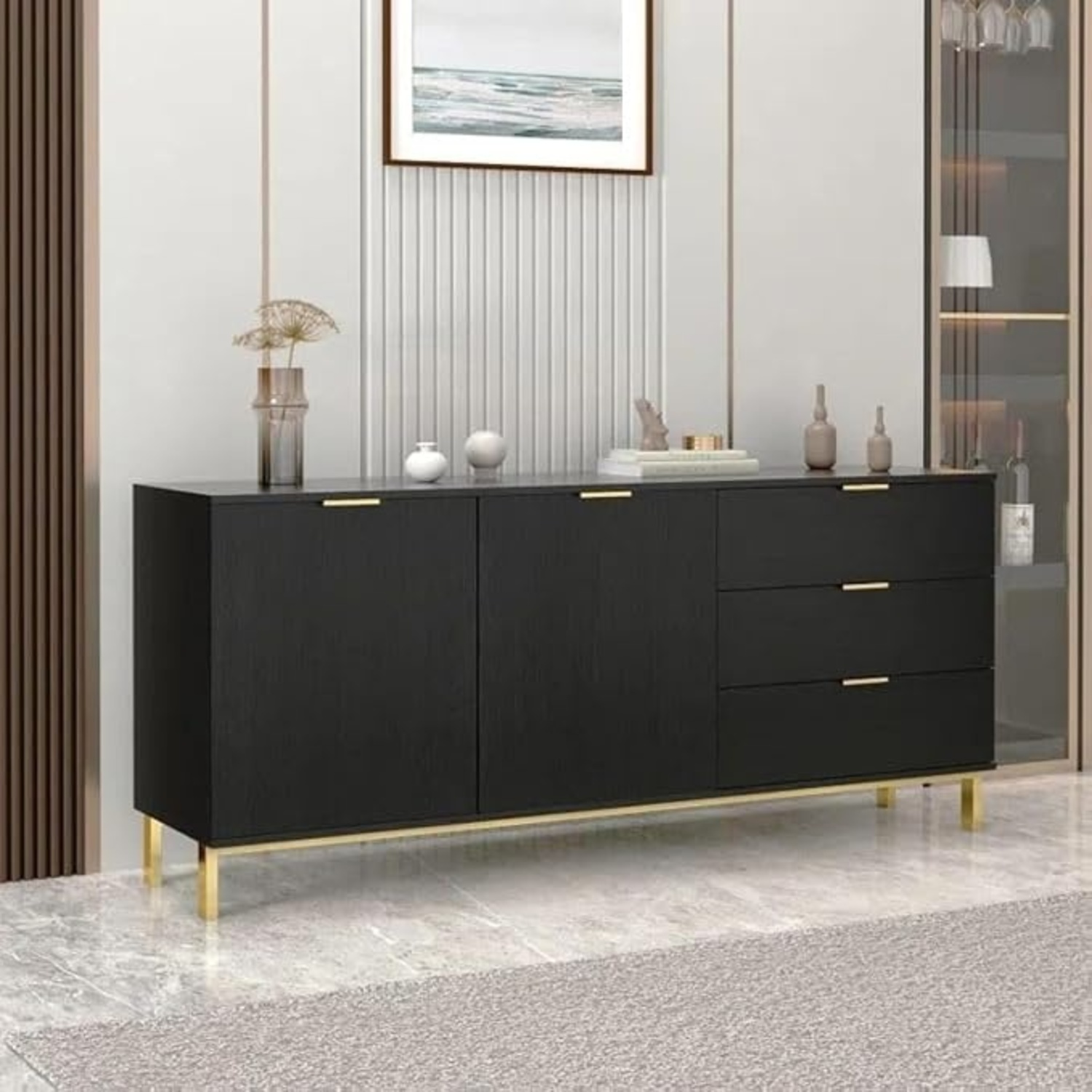 Black Media Stand with 2 Cabinets + 3 Drawers - image-4