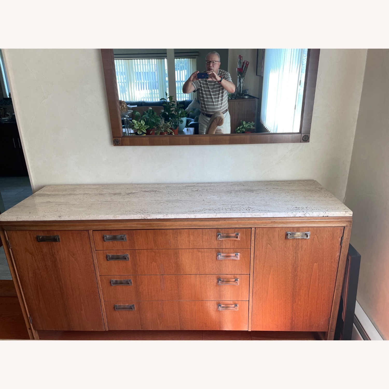  Wood Dining Room Buffet W Travertine Top - image-1