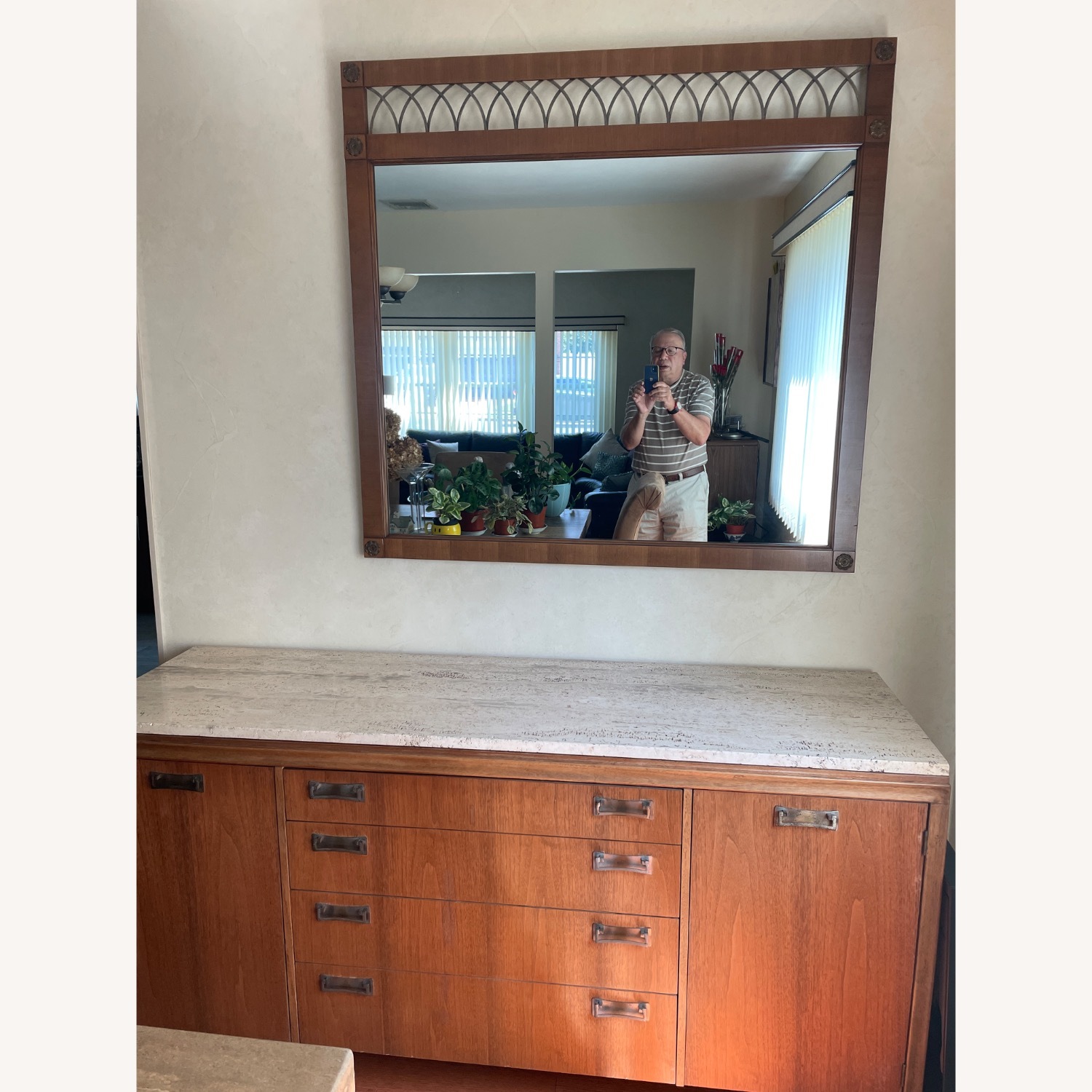  Wood Dining Room Buffet W Travertine Top - image-2