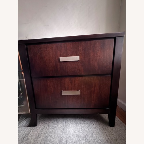 Used Raymour & Flanigan Dark Brown Wood Nightstand for sale on AptDeco