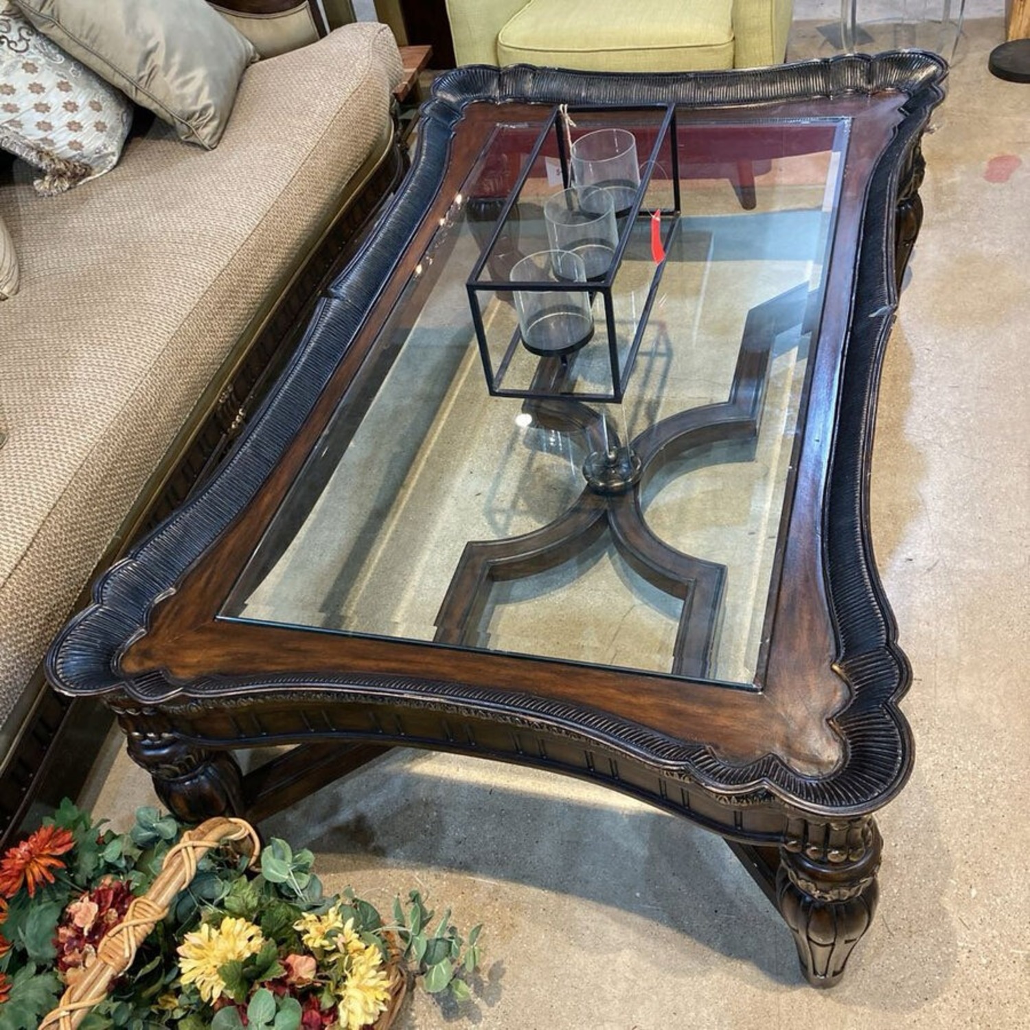 Ornate Relief Rectangular Glass Top Coffee Table - image-4