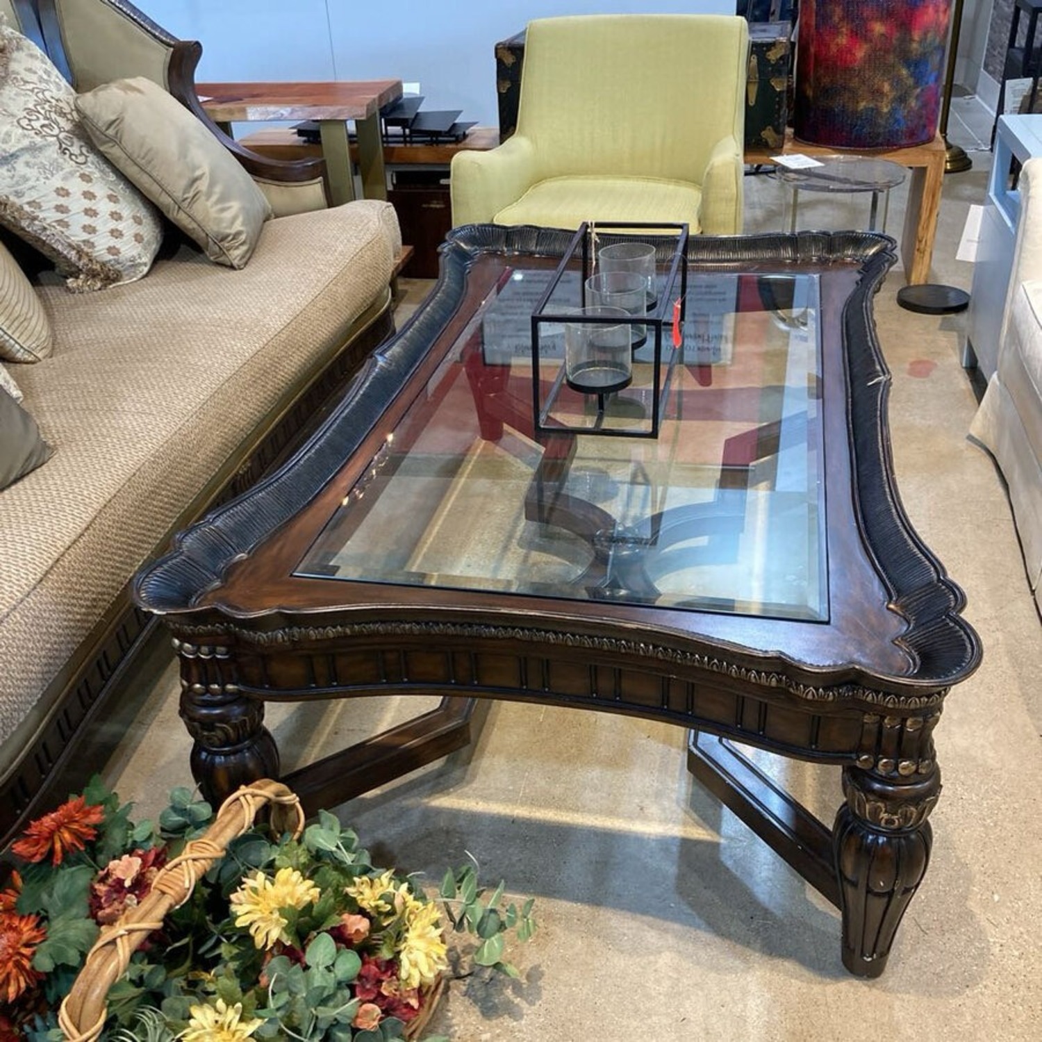 Ornate Relief Rectangular Glass Top Coffee Table - image-3