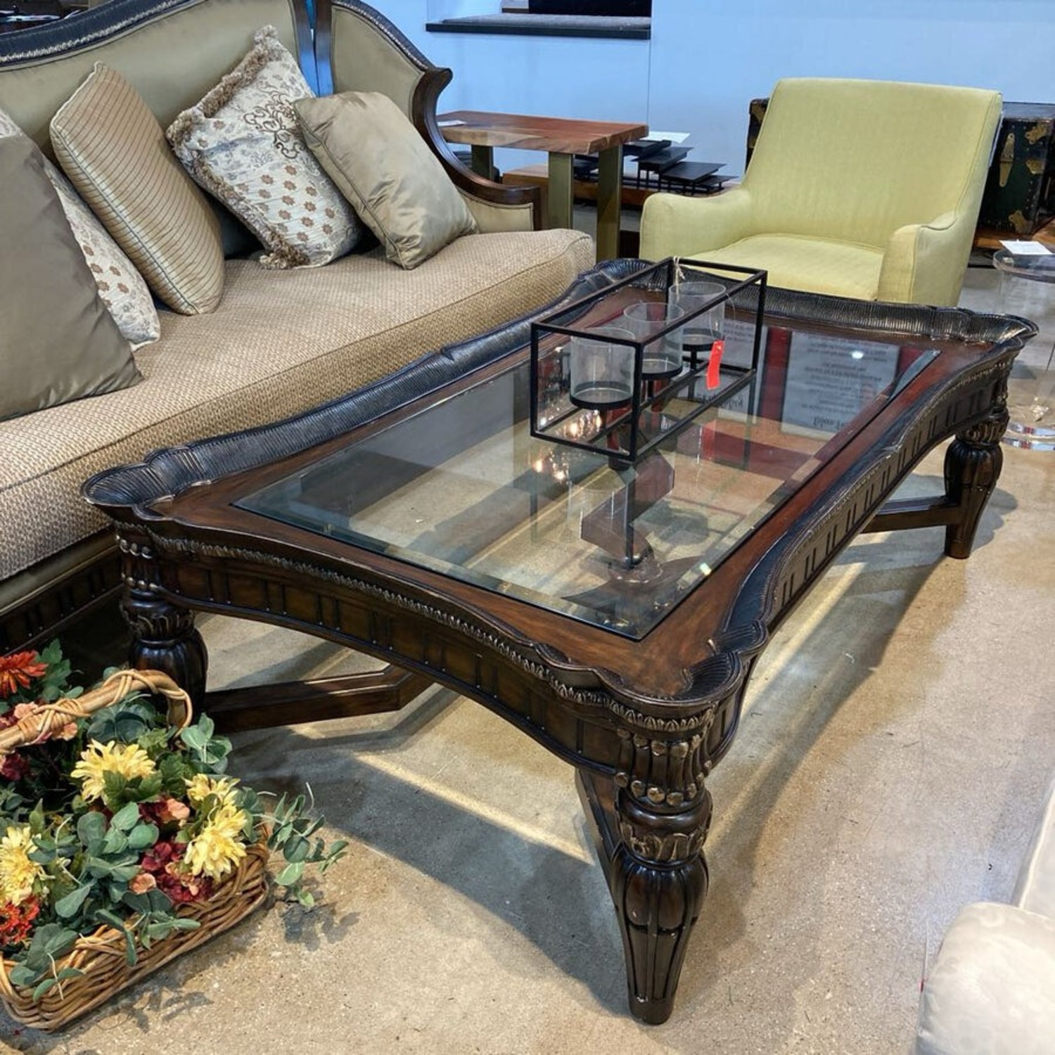 Ornate Relief Rectangular Glass Top Coffee Table - image-2