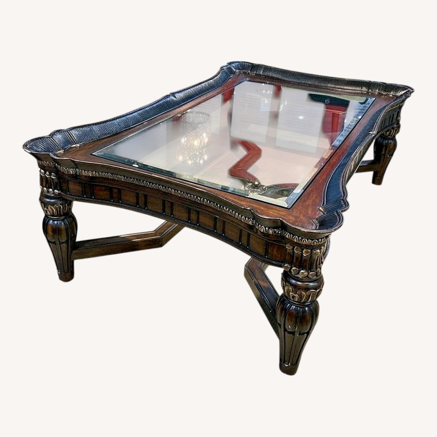 Ornate Relief Rectangular Glass Top Coffee Table - image-0