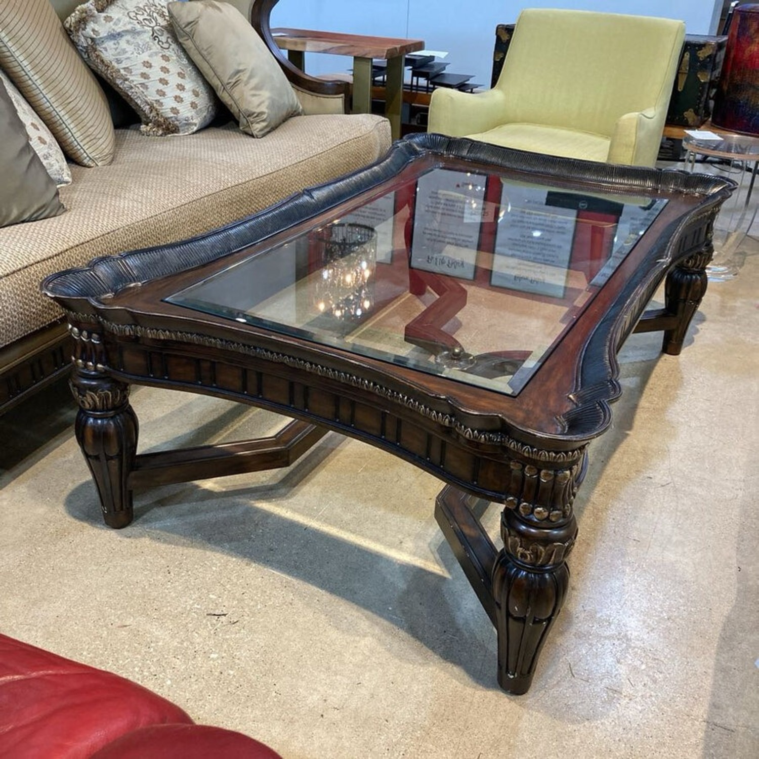 Ornate Relief Rectangular Glass Top Coffee Table - image-1
