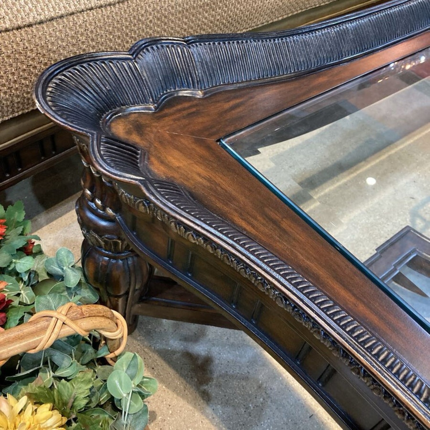 Ornate Relief Rectangular Glass Top Coffee Table - image-6