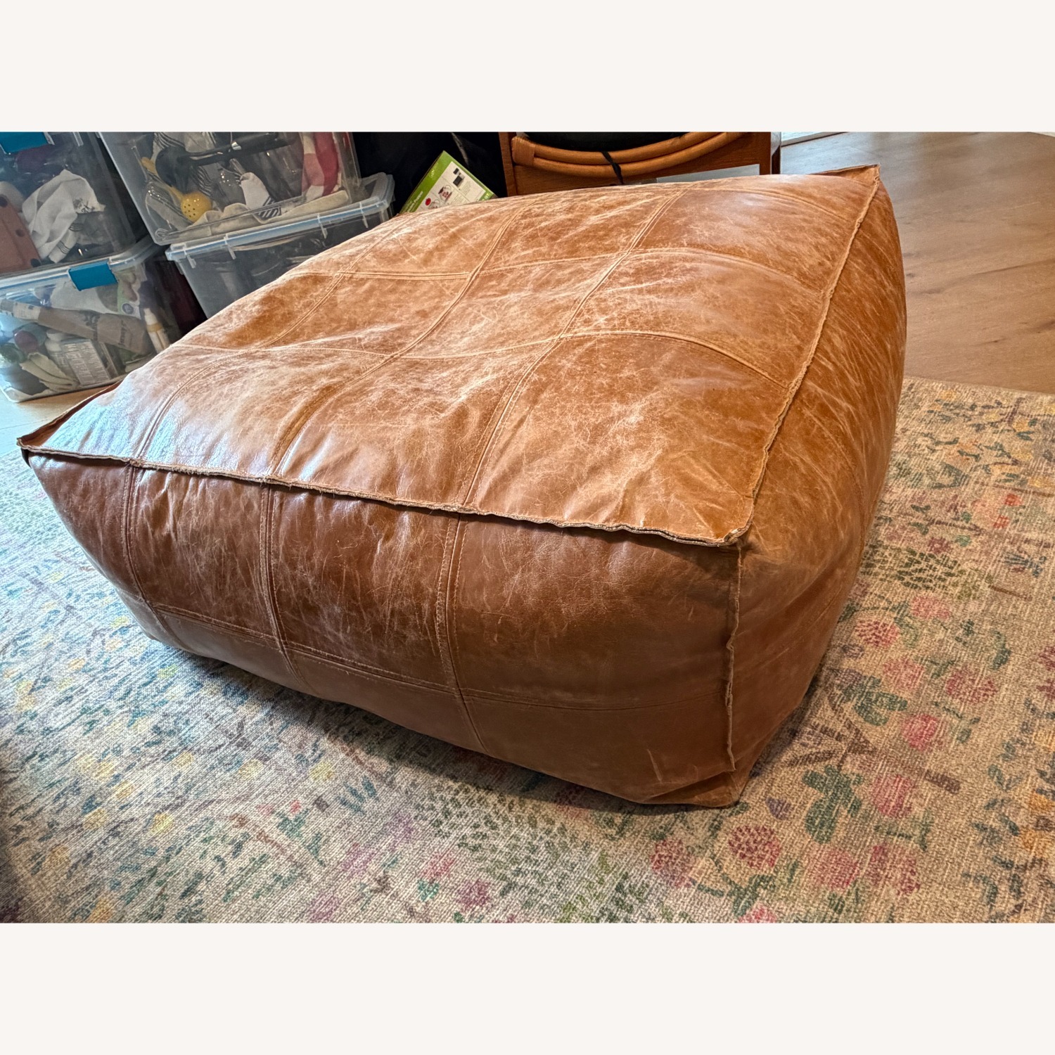 CB2 Brown Large Square Leather Poof - image-3