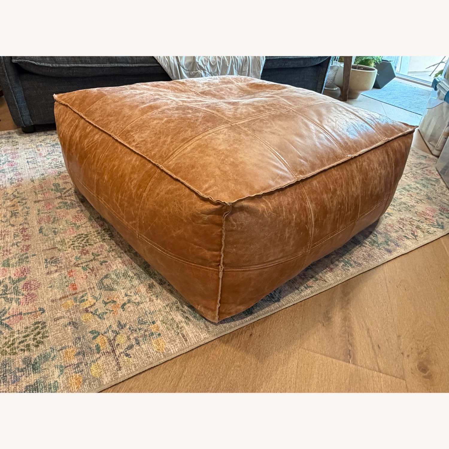 CB2 Brown Large Square Leather Poof - image-1