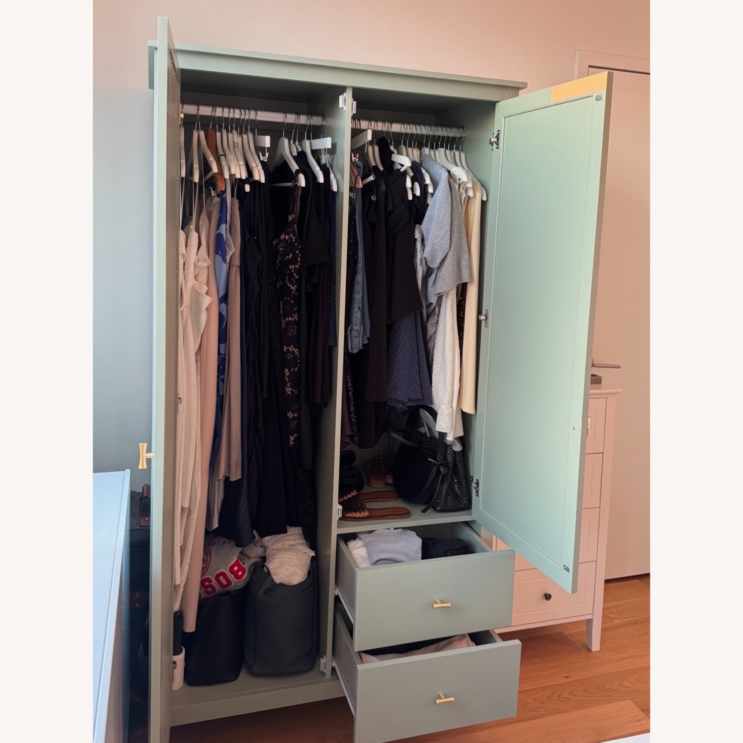 Green Wood Armoire with Mirror - image-3