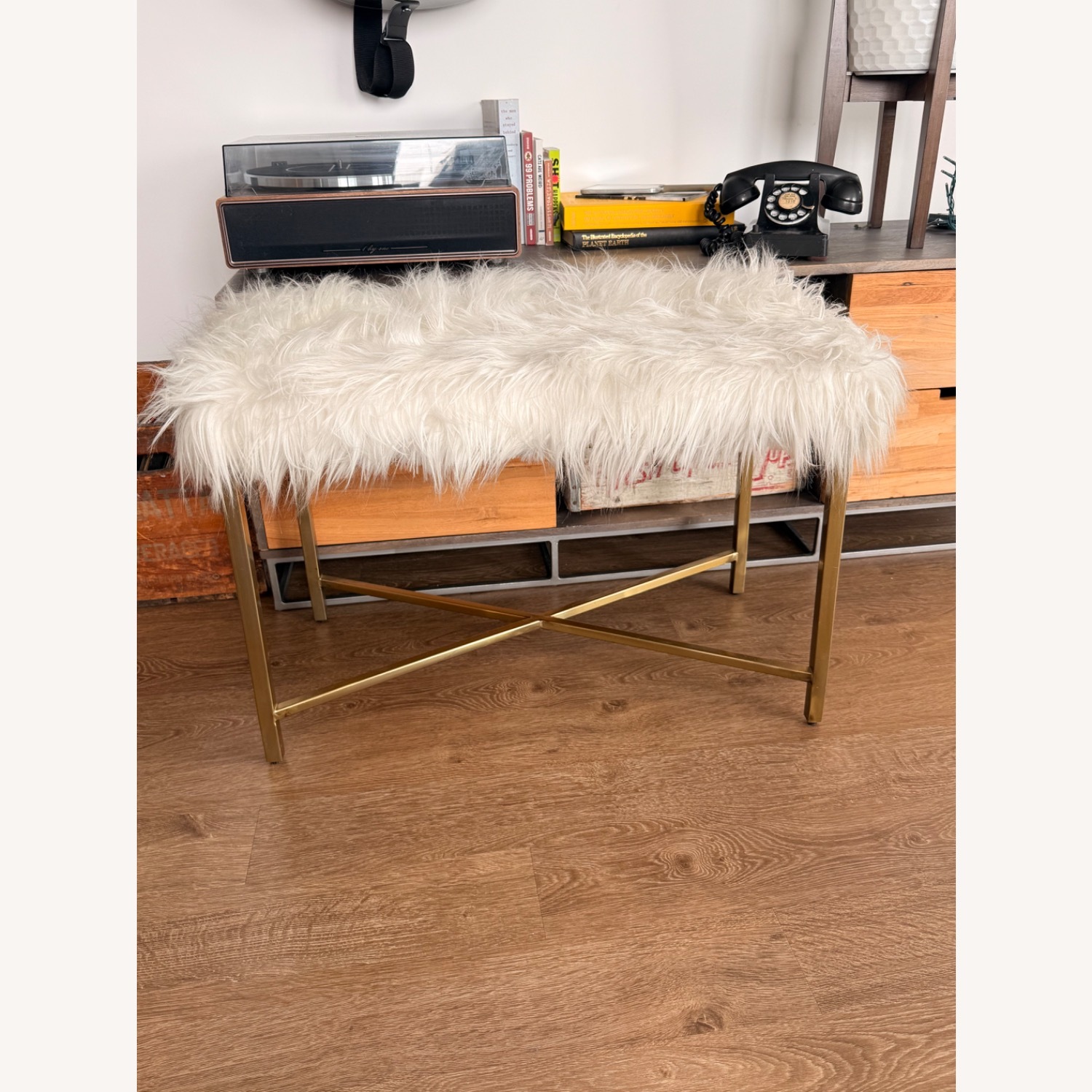White Faux Fur Bench with Gold Metal Base - image-1