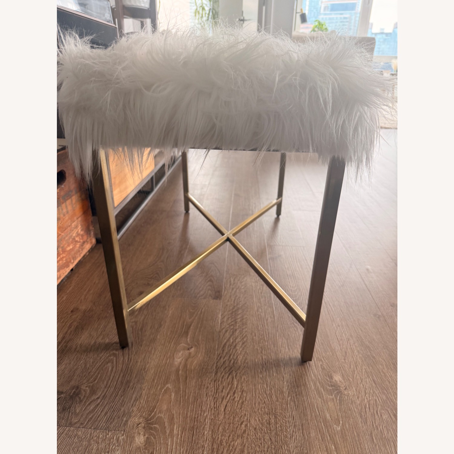 White Faux Fur Bench with Gold Metal Base - image-3