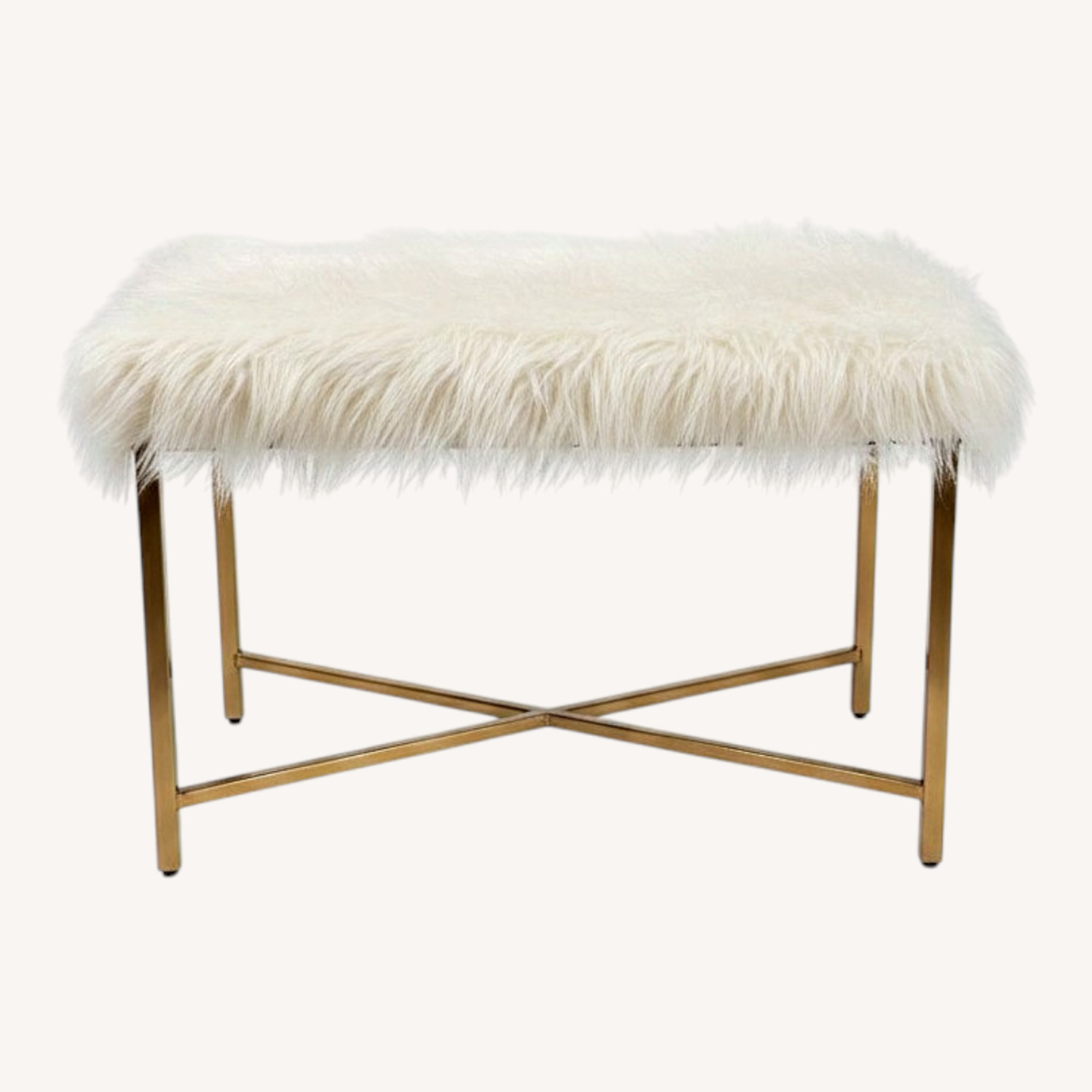 White Faux Fur Bench with Gold Metal Base - image-0