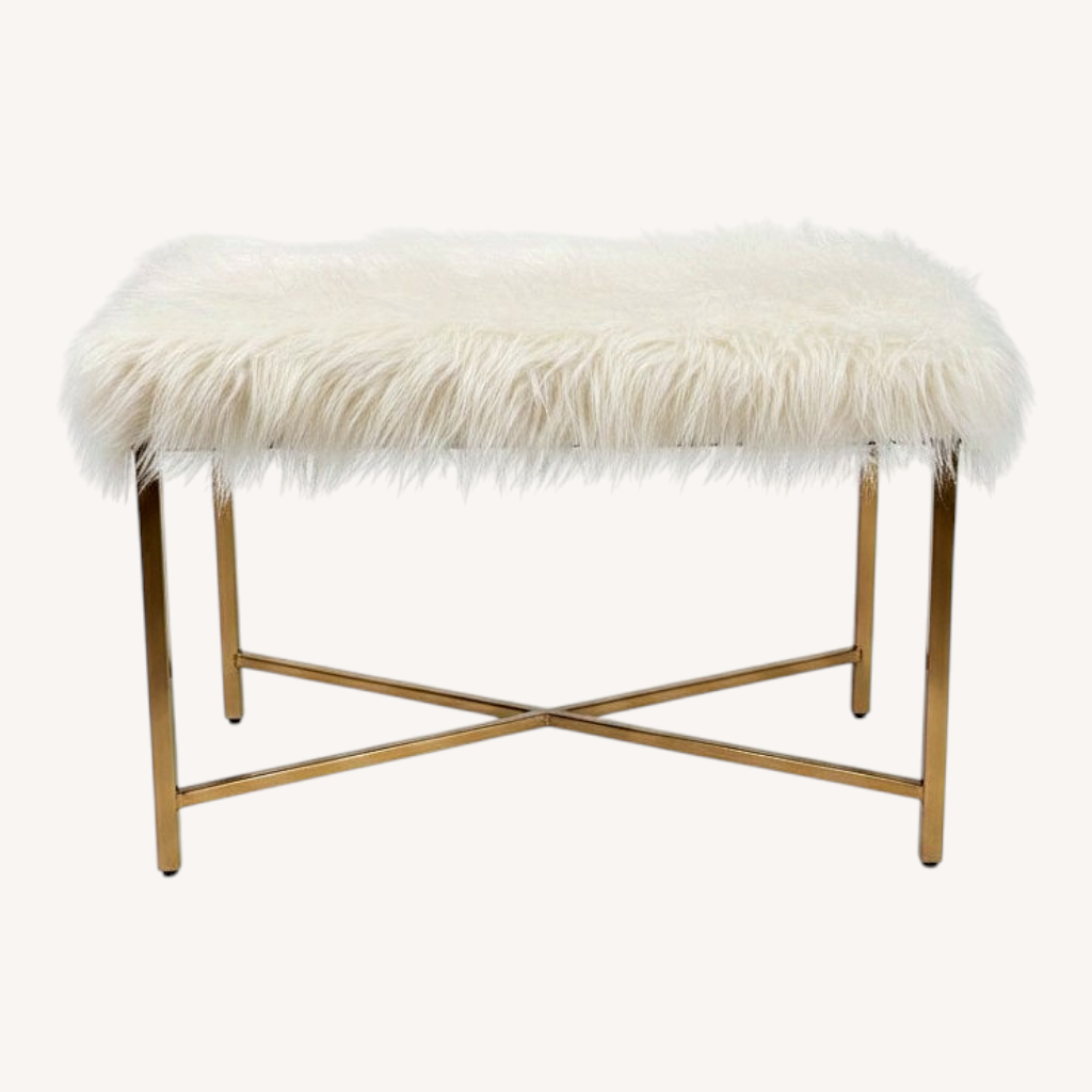 Image of White Faux Fur Bench With Gold Metal Base