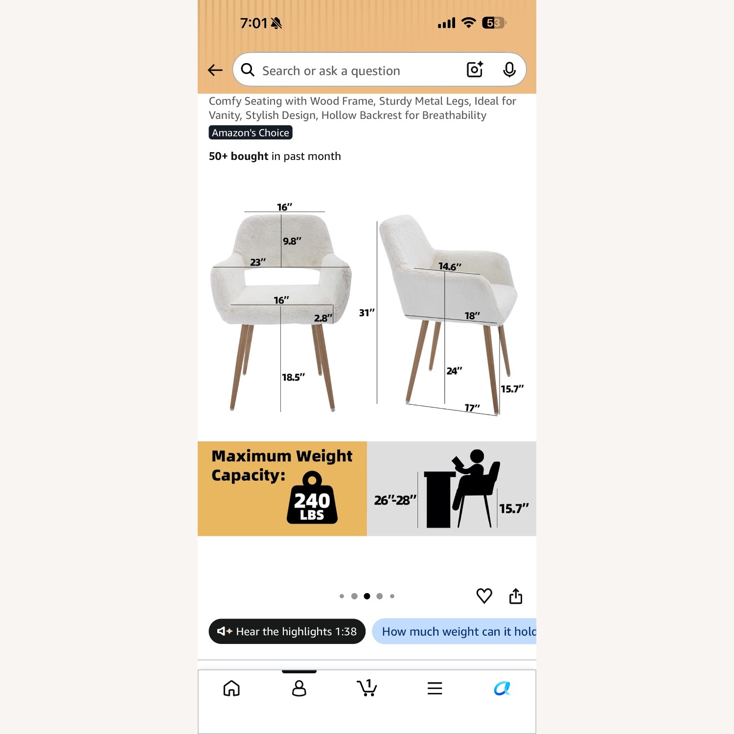 Amazon White Faux Fur Office Chair with Woden legs - image-2