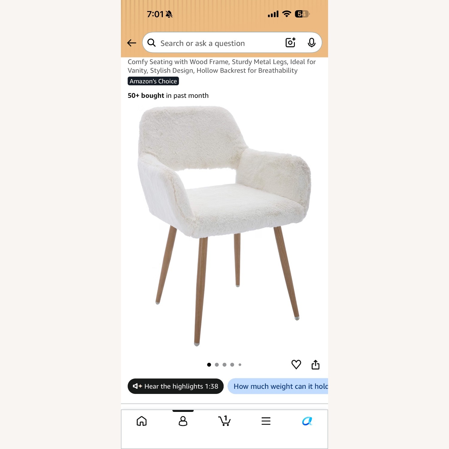 Amazon White Faux Fur Office Chair with Woden legs - image-1