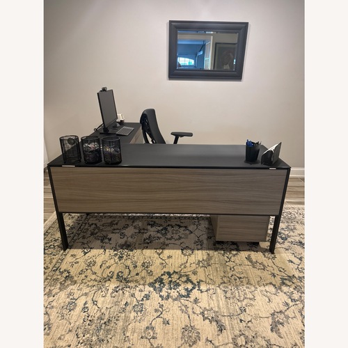Used BDI Furniture Light Brown Desk / Black Glass Top for sale on AptDeco