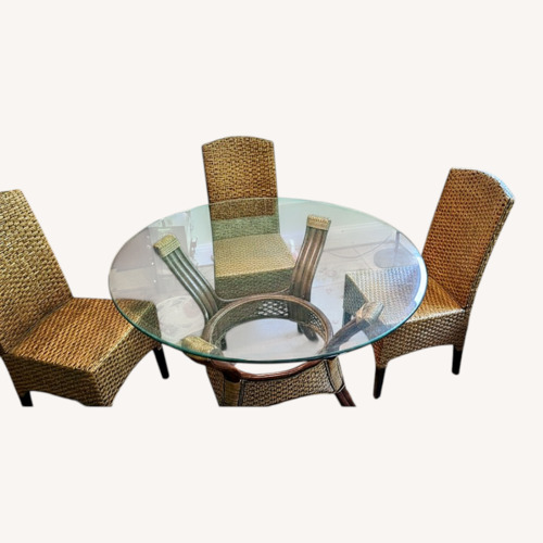 Used Pierrer Deux Fabrics Glass Top Dining Table with 4 Wicker Chairs for sale on AptDeco