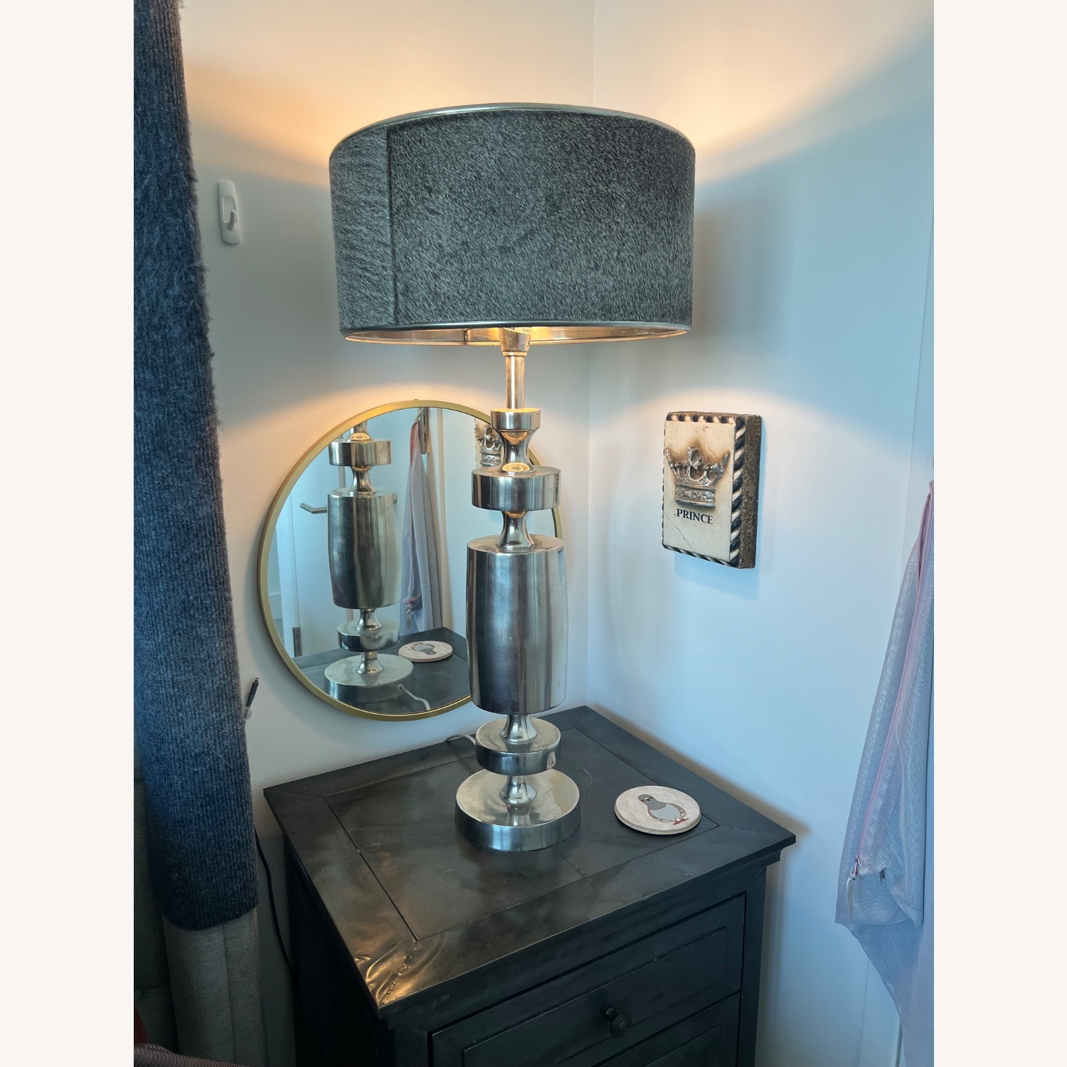 Pair of Metal Column Lamps w Horsehair Shades - image-4