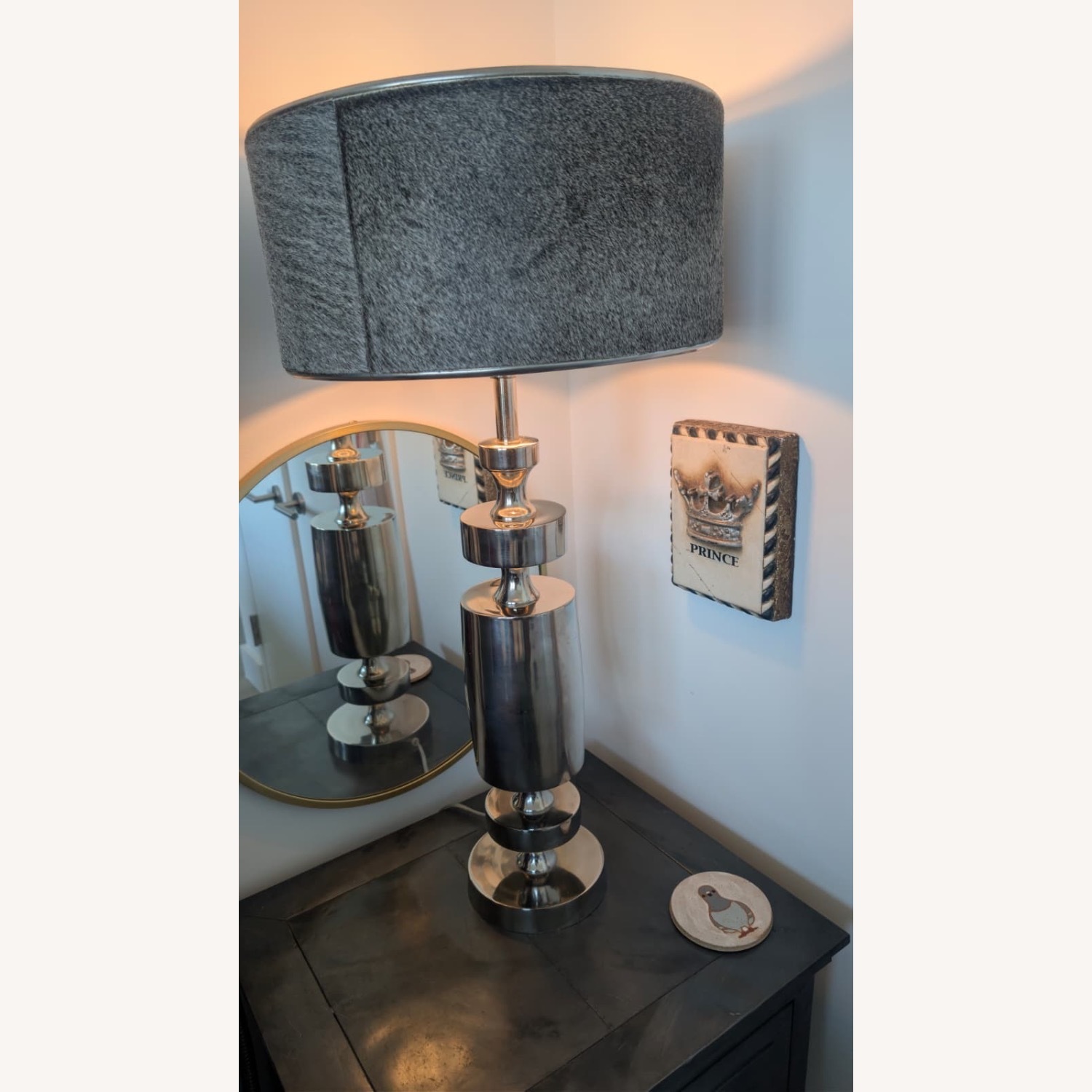 Pair of Metal Column Lamps w Horsehair Shades - image-2
