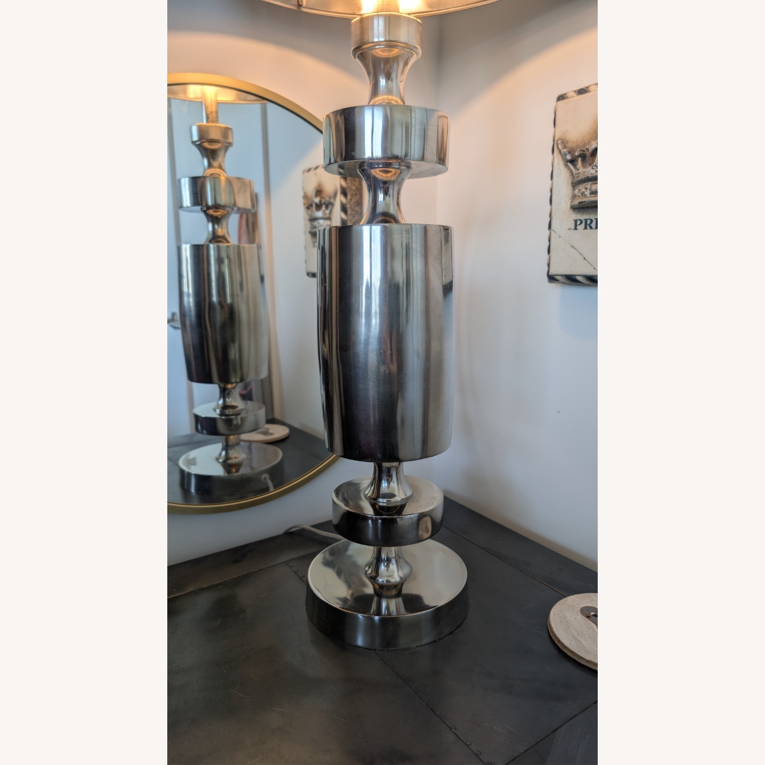 Pair of Metal Column Lamps w Horsehair Shades - image-3
