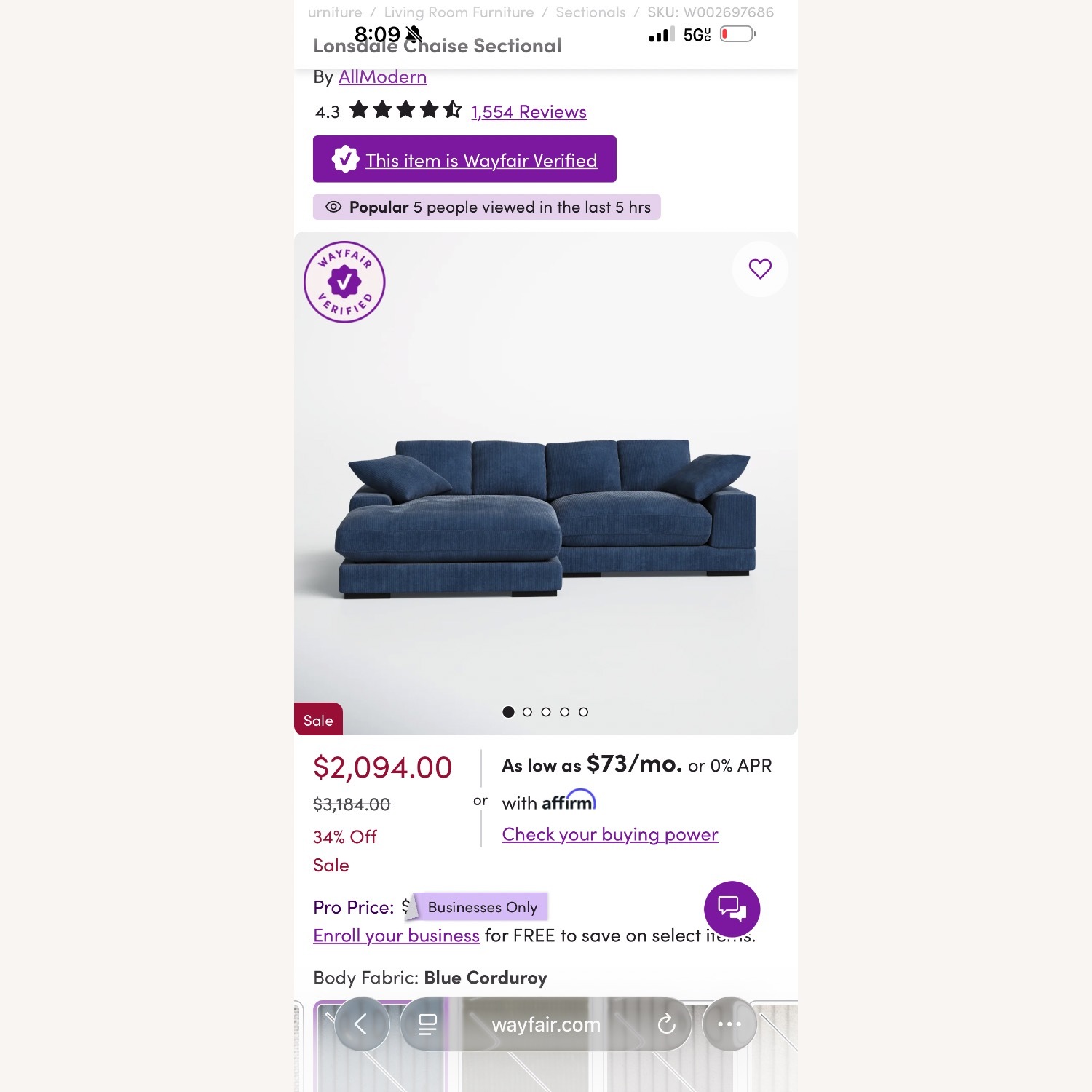 Wayfair Lonsdale Blue Sectional with Chaise - image-4