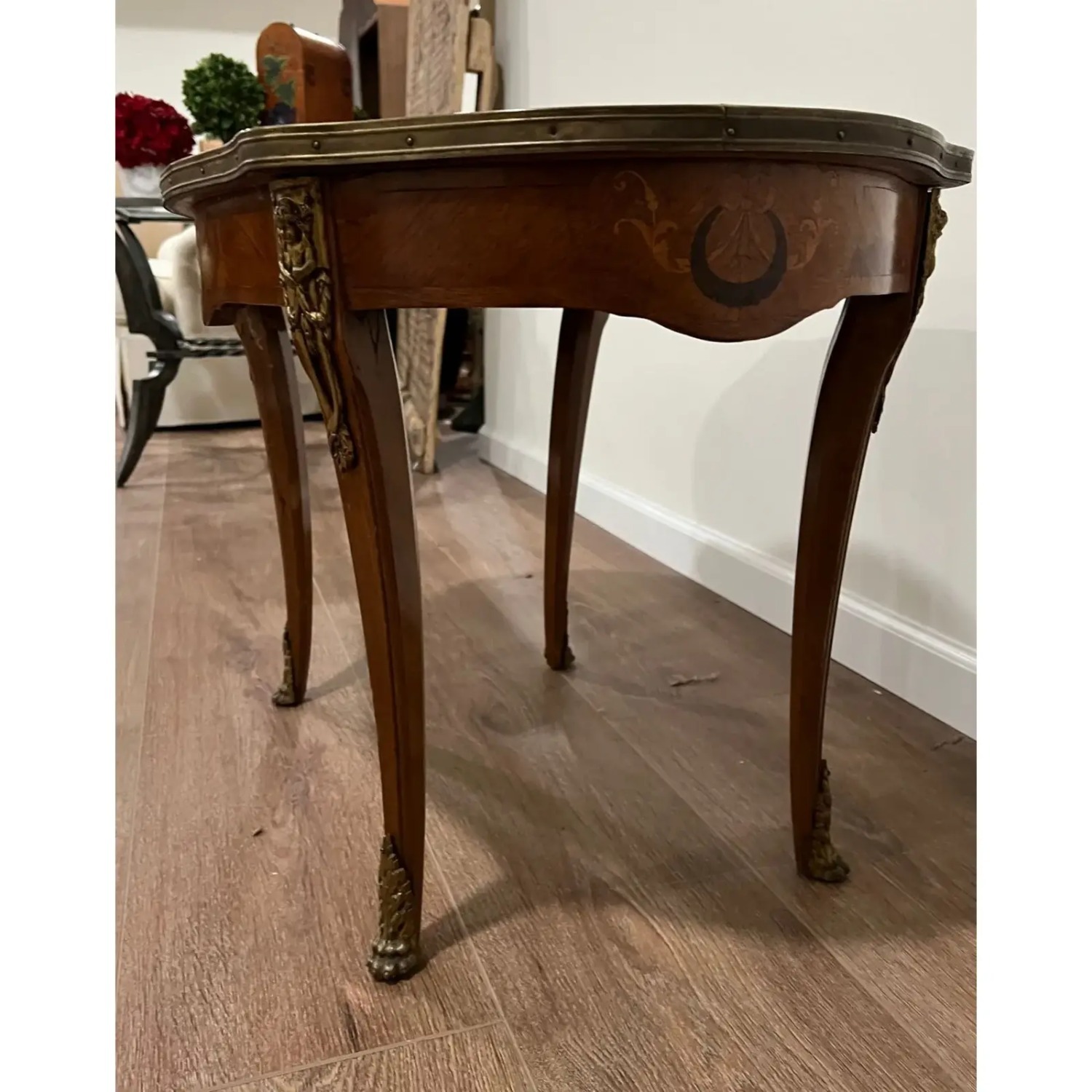 Vintage French Inlaid Coffee Table With Marble Top - image-4