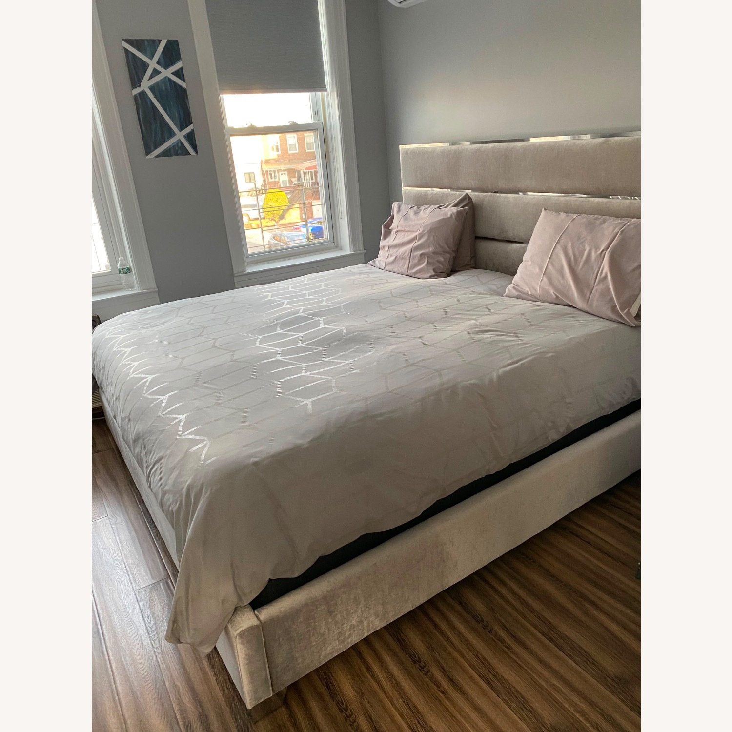 Light Gray Velvet King Bed - image-3