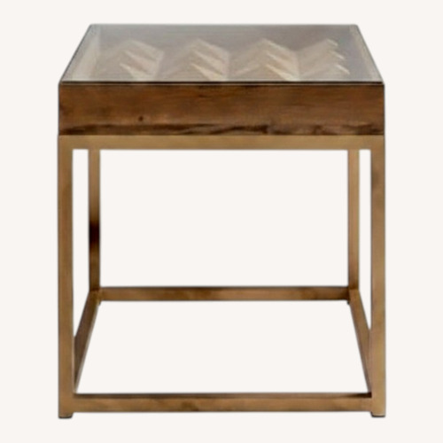 Used Andrew Martin Wood Glass Metal Side Table 22x22x22 for sale on AptDeco